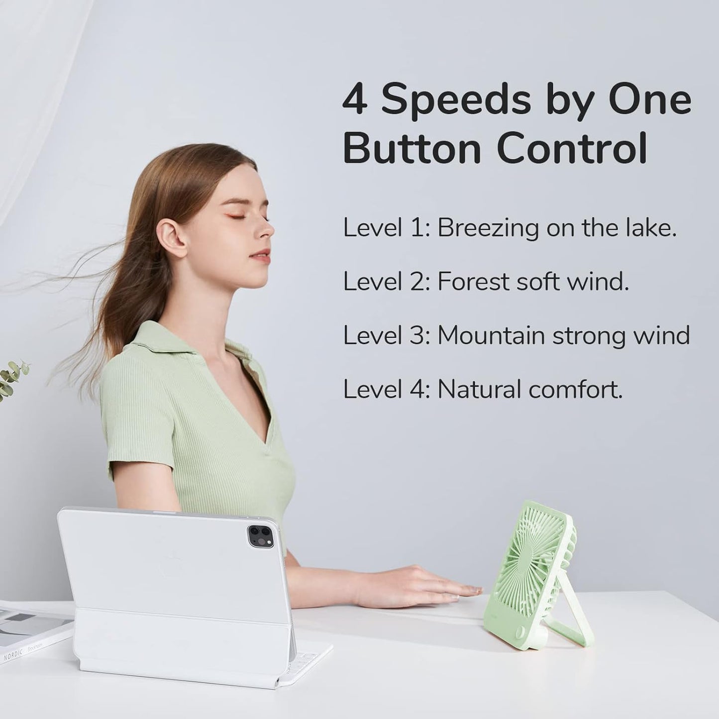 JISULIFE Desk Fan Battery Rechargeable, 4500mAh 180°Foldable Portable Personal Fan, 4 Speeds Adjustable Long Battery-life for Home Office Travel Outdoor Gifts for Women Men-White