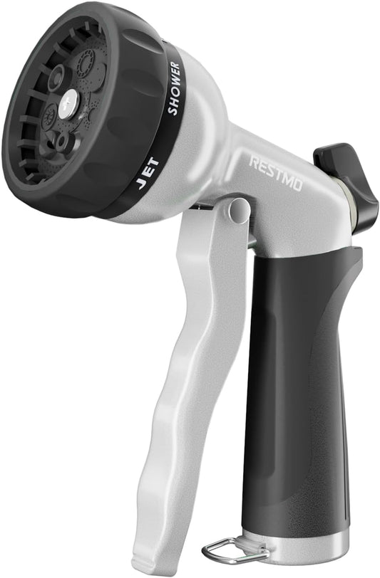 RESTMO Garden Hose Nozzle, Heavy Duty Metal Water Hose Nozzle with 7 Adjustable Spray Patterns, High Pressure Hand Sprayer with Flow Control for Watering Plants & Lawns, Washing Cars & Pets