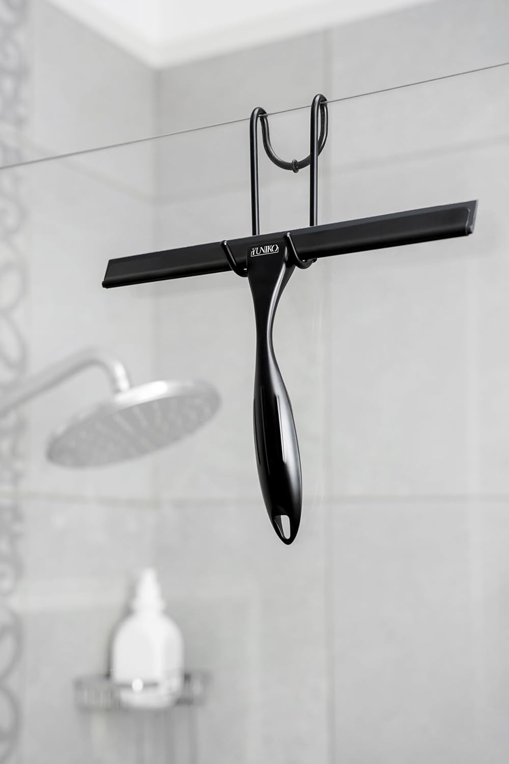 YUNIKO Shower Squeegee – Black Stainless Steel Shower squeegee with Silicone Blade for Shower Doors, Windows, Mirrors, Tiles & Car Windows – Includes 2 Adhesive Hooks, Assembly Tool & Microfiber Cloth