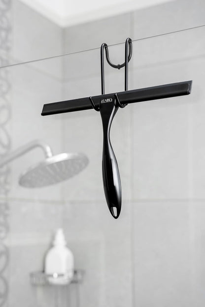 YUNIKO Shower Squeegee – Black Stainless Steel Shower squeegee with Silicone Blade for Shower Doors, Windows, Mirrors, Tiles & Car Windows – Includes 2 Adhesive Hooks, Assembly Tool & Microfiber Cloth