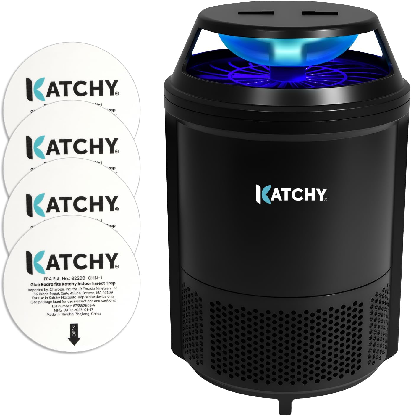 Katchy Flying Insect Trap Indoor – Catcher & Killer for Mosquito, Fruit Fly, Gnat & Small Moth – Non-Zapper with Suction & Blue Light – Ideal for Indoor Spaces, Kitchen & Plants (Original, Black)