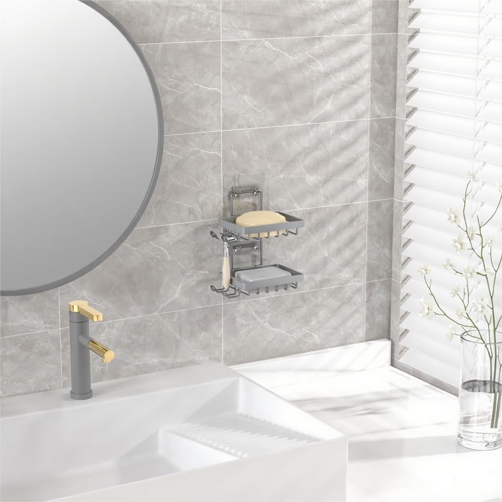 Moforoco Double Soap Bar Holder for Shower, No Drilling, 304 Stainless Steel, Wall Mounted Soap Holder with 4 Hooks and Razor Holder, Shower Rack Soap Tray Bar Soap for Bathroom Accessories Organizer
