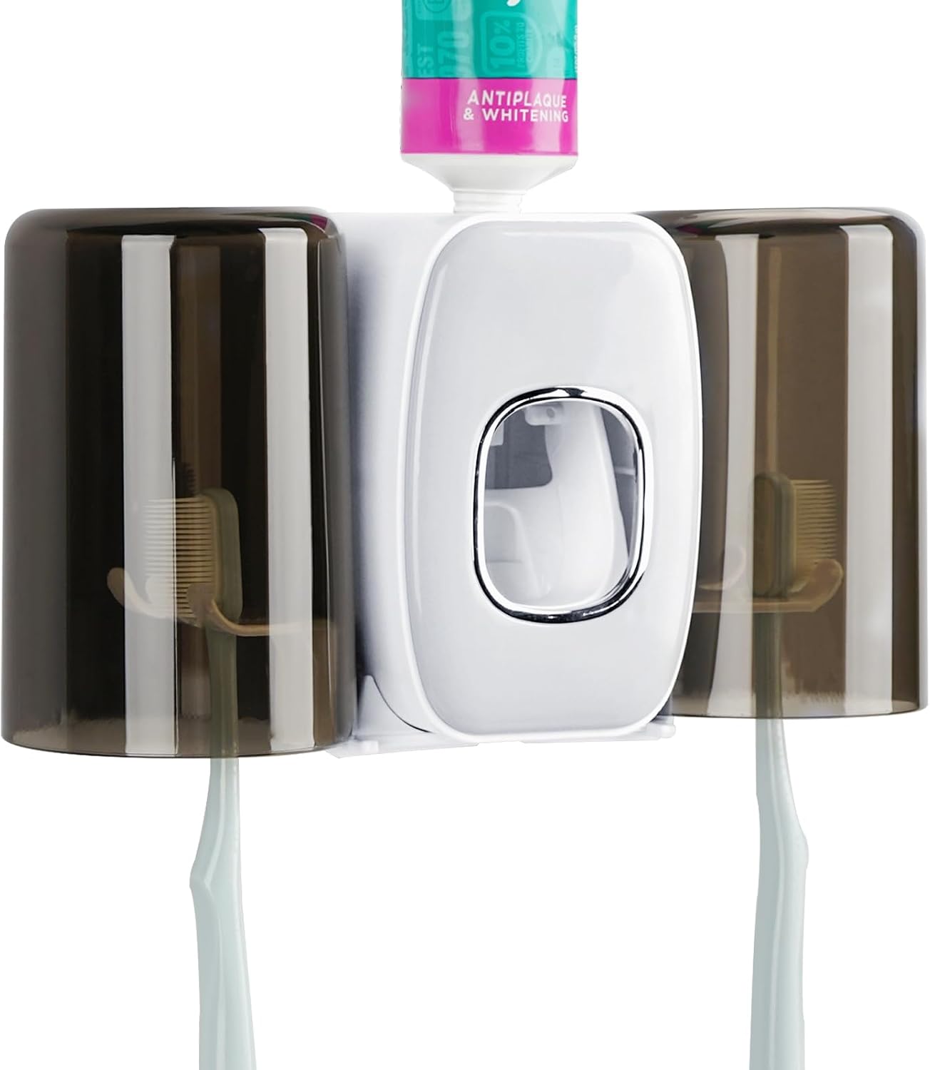 4 Slots Wall Mount Toothbrush Holder with Cover, Self Adhesive Toothbrush Storage Organizer for Shower, Toothbrush Hanger with 2 mouthwash Cups for Bathroom, Medicine Cabinet, Dorm (Black)