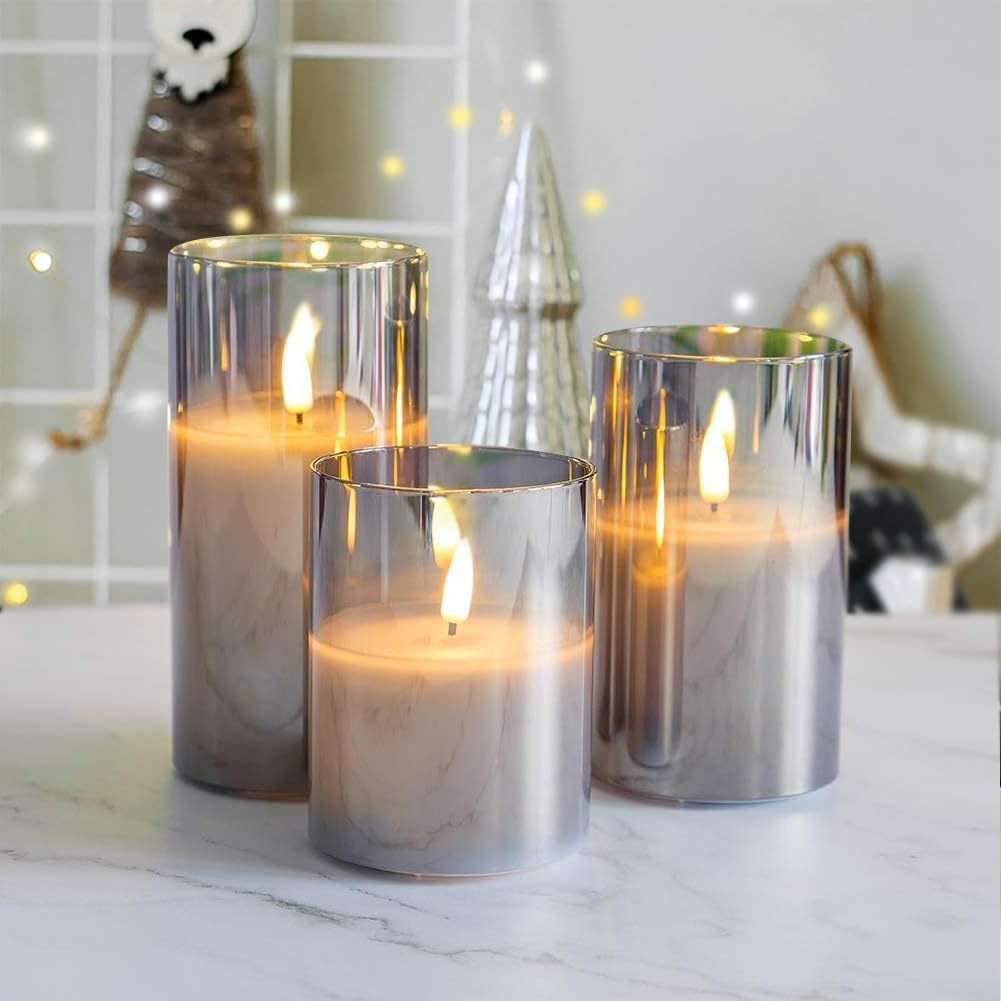 Battery Operated Flameless Candles with Remote Timer Real Wax Realistic Bright Flicker Flickering Electric Electronic LED Pillar Lights Home Wedding Party Decorations Set of 3 Rustic Texture Gray Grey