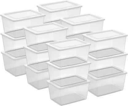 Sterilite 6 Pack Storage Box, 41 Quart Stackable Tote, Clear Plastic Container with Secure Snapping White Lids for Home and Office Organization