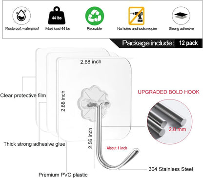 ZESLMG Adhesive Wall Hooks for Hanging, 16 Pack Self Sticky Hooks Heavy Duty 22lb Clear, Removable Shower Hook No Damage for Towel Key Coat Wreath Picture Outdoor Ceiling Bathroom Kitchen, Waterproof