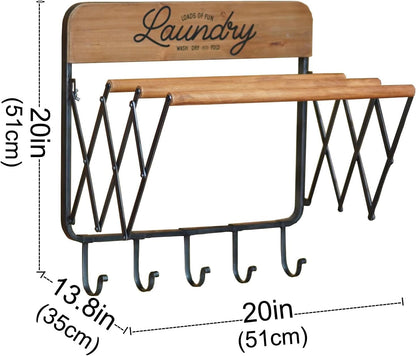 SOFFEE DESIGN Accordion Laundry Rack, Retractable Wall Mounted Racks, 3 Bars & 5 Hooks for Drying Rack Hanging Towels Clothes Save Space Perfect for Laundry Room, Bathroom, Mudroom, Wall Decor