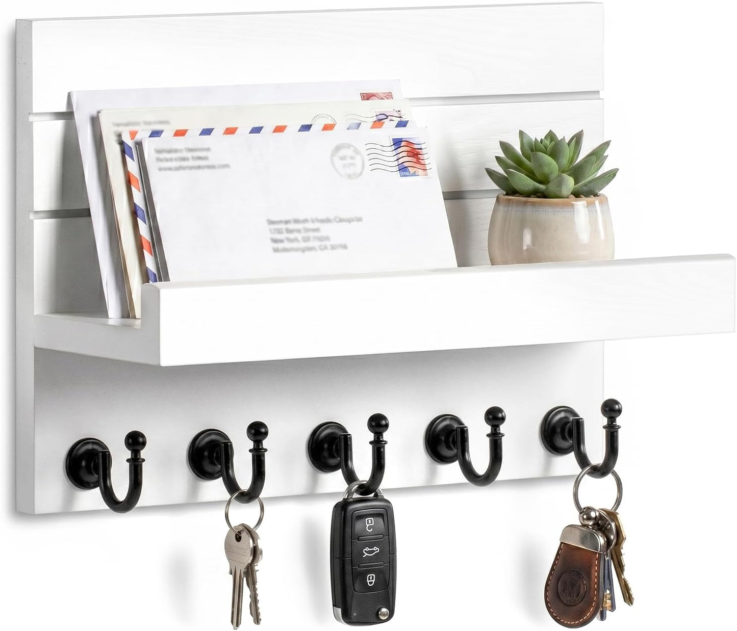HONJIN Key Holder for Wall: Easy Installation Mail Organizer Wall Mount Hanging Key Rack for Kitchen and Entryway Decor with 5 Sturdy Key Hooks (White)