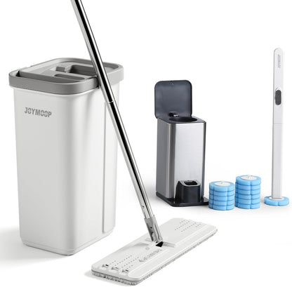 JOYMOOP Mop and Bucket Set, Flat Mops for Floor & Wall Cleaning, Commercial & Household Use, Hardwood Floor Mop with Long Handle & 4 Microfiber Pads