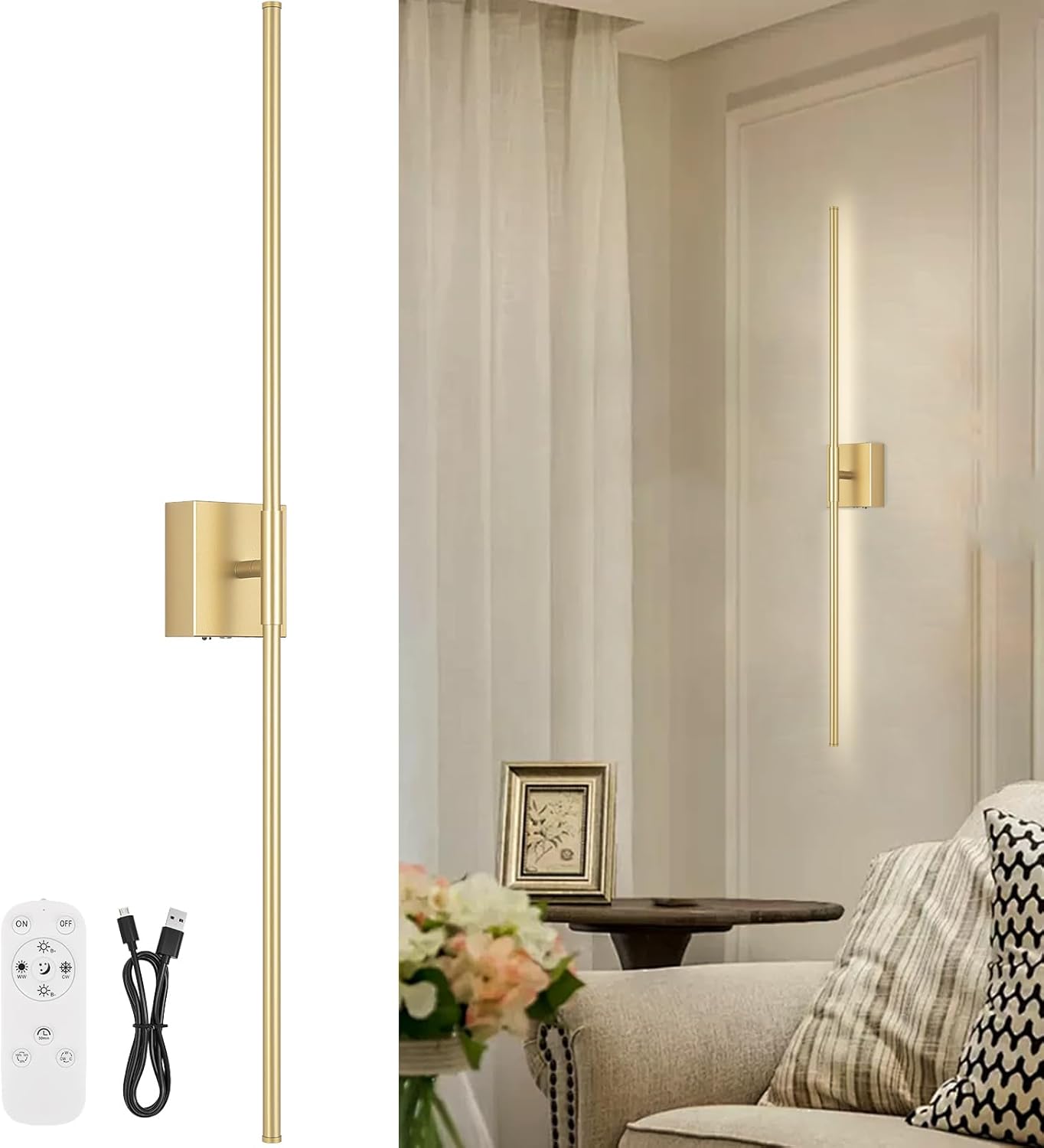 Battery Operated Wall Sconce Set of Two with Remote Control, 3000K-6000K Dimmable Black Wall Lights, Timable LED Wireless Wall Sconces, 350° Ratate for Bathroom, Living Room, Hallway 29.1 Inch