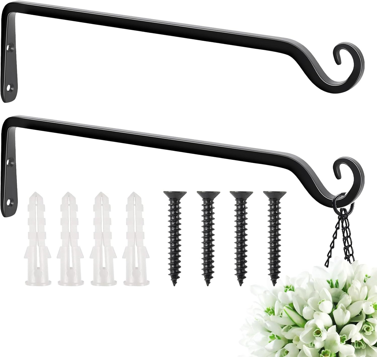FEED GARDEN Heavy Duty Plant Hangers Outdoor Indoor, 8 Inch 2 Pack Metal Hanging Bracket Holds Up to 44 lbs, Wall Brackets for Hanging Baskets, Bird Feeders,Wind Chime& Lanterns, Black