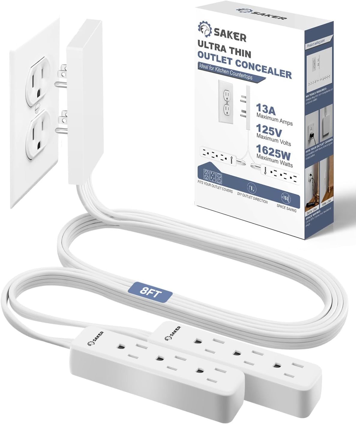 Saker Outlet Concealer Power Strip | 5ft Flat Plug Extension Cord with 3 Outlets,1625W | Universal Size Outlet Cover Baby Proofing | Cover Extension Cord for Kitchen, Home and Office