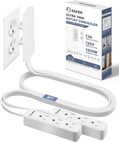 Saker Outlet Concealer Power Strip | 5ft Flat Plug Extension Cord with 3 Outlets,1625W | Universal Size Outlet Cover Baby Proofing | Cover Extension Cord for Kitchen, Home and Office