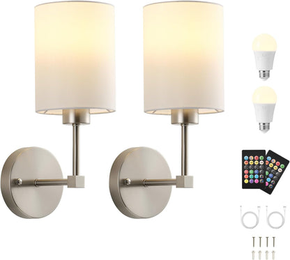 Battery Operated Wall Sconces Set of Two,Wireless Rechargeable Wall Light With Remote Control, Dimmable, Amber Light/Warm White/Natural White/Daylight/RGB, Timer,for Living Room,Bedroom,Entryway,Gold