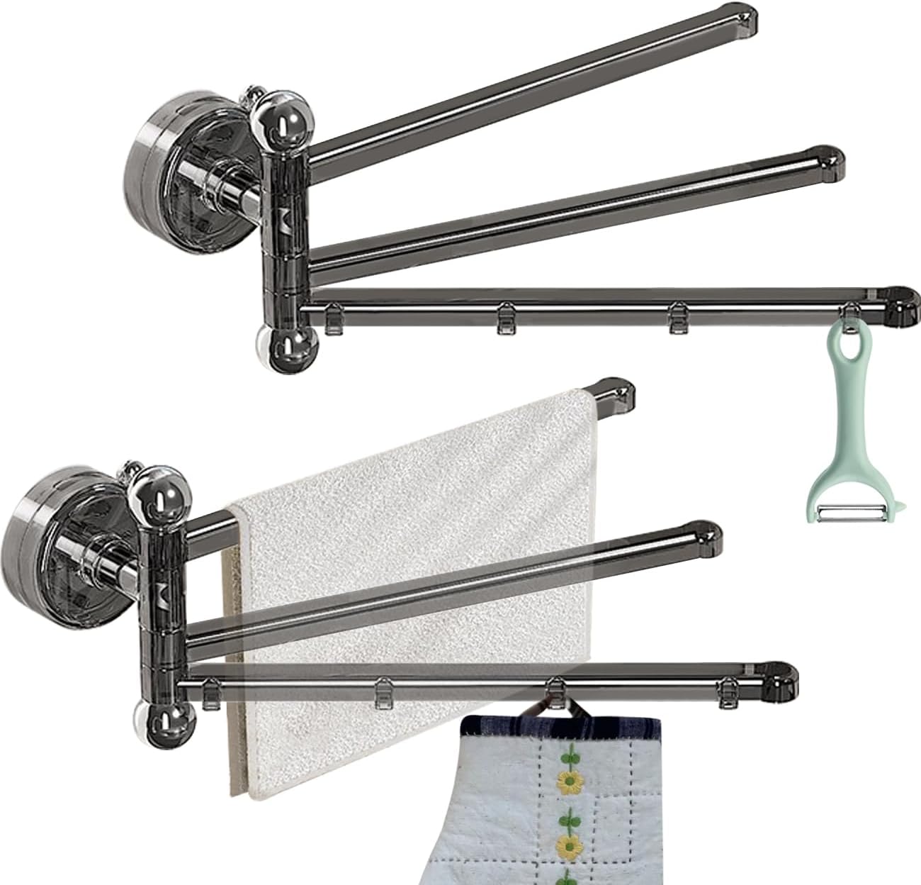 2PCS Swivel Suction Cup Towel Bar 3 Swing Arms 270°Rotation Wall Mounted Cloth Drip Dry Holder Multifunctional Storage Rack for Bathroom and Kitchen Accessories Beige