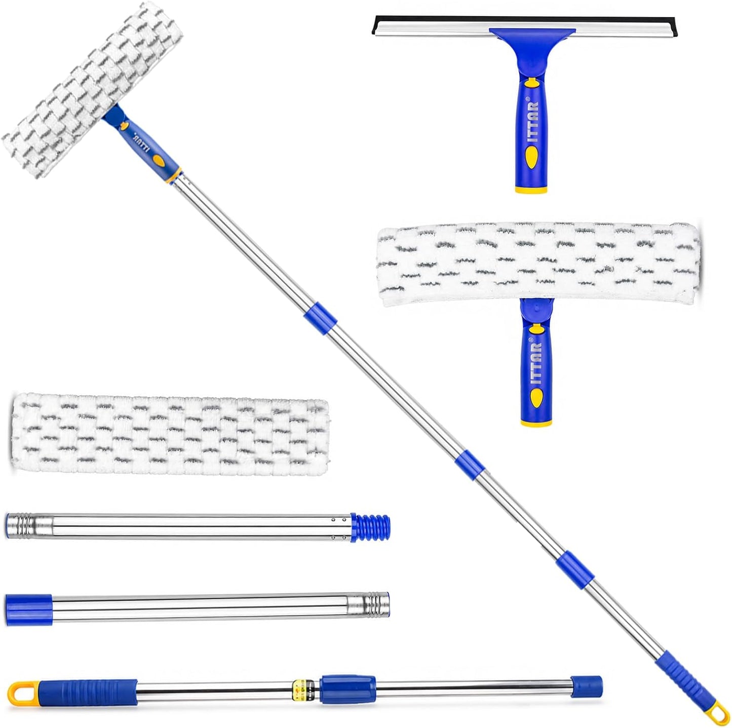 ITTAR Window Squeegee Cleaning Kit with 60" Extension Pole, Rotatable Glass Cleaner Tool 12" Rubber Blade & 2 Microfiber Pads, Window Washing Equipment for High Windows, Shower Doors, Car Windshield