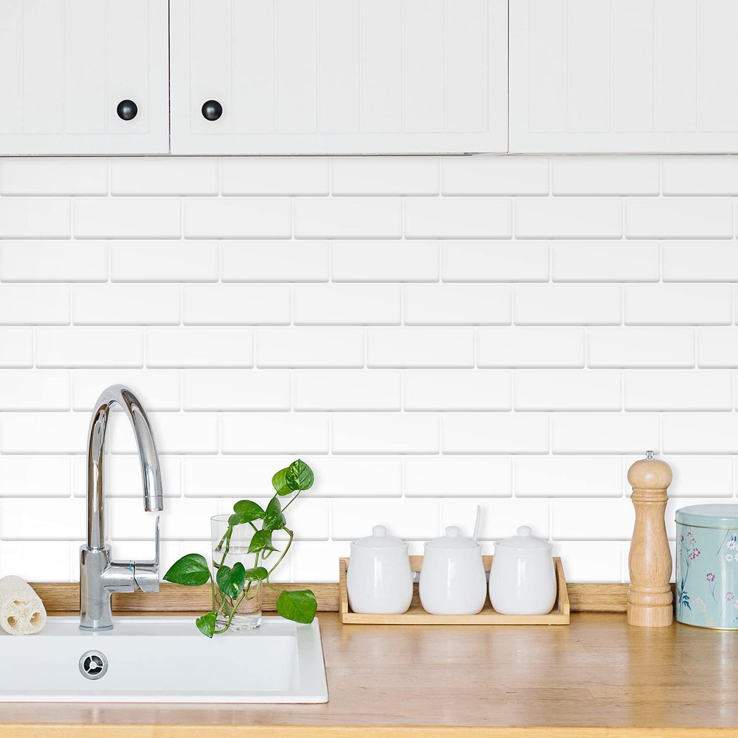 WALPLUS 20 Sheets Peel and Stick Kitchen Backsplash Tile Stickers Self Adhesive Stick on Subway Tile 12" x 6" Bathroom Splashback Water Heat Resistant 3D Wall Tiles Pure White Gray