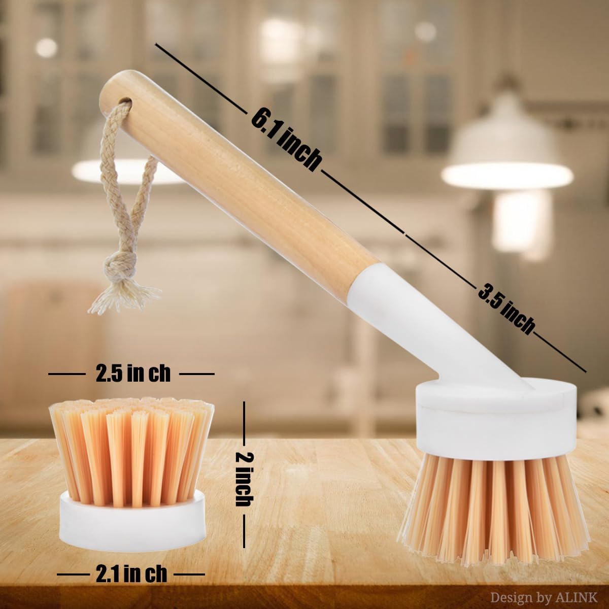 ALINK Dish Brush with Handle and 3 Replacement Heads, Pot and Pan Cleaning Scrub Brush for Kitchen, Sink, Stove, Cast Iron Scrubber