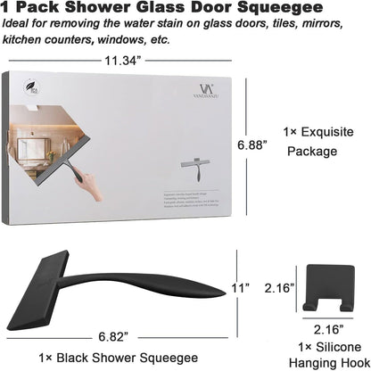 Shower Squeegee for Glass Doors, 11-Inch Silicone Squeegee with Non-Slip Handle and Adhesive Hook for Bathroom, Mirror, Tile, Car Window (Black)