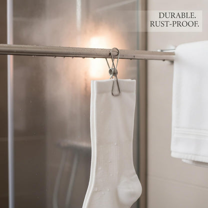 Stainless Steel Hanging Clips for Wet Laundry - Space Saving Hook & Clip Hanger for Bathroom Shower Rods, Towel Bars & Closet Organization
