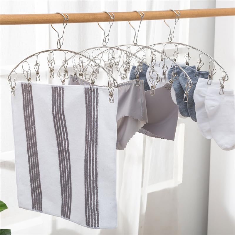 Stainless Steel Laundry Drying Rack Clothes Hanger with Windproof Hook,Underwear Hanger,Clothes Hangers with 8 Clips for Drying Socks,Diapers,Baby Clothes(2 Pack)