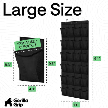 GORILLA GRIP Over the Door Shoe Organizer, 24 Large Breathable Mesh Pockets, Space Saving Hanging Storage Holder, Closet Rack Hanger Holds Up to 40 lbs, Hangs on Closets for Shoes, Accessories, Grey