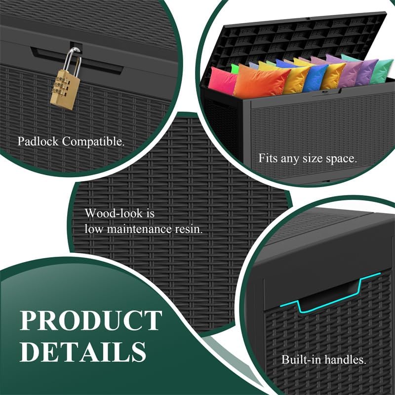 PatioZen 100 Gallon Resin Deck Box, Lockable Patio Outdoor Storage Box for Furniture, Garden Tools and Tools Storage, Waterproof Outside Storage Boxes - Black