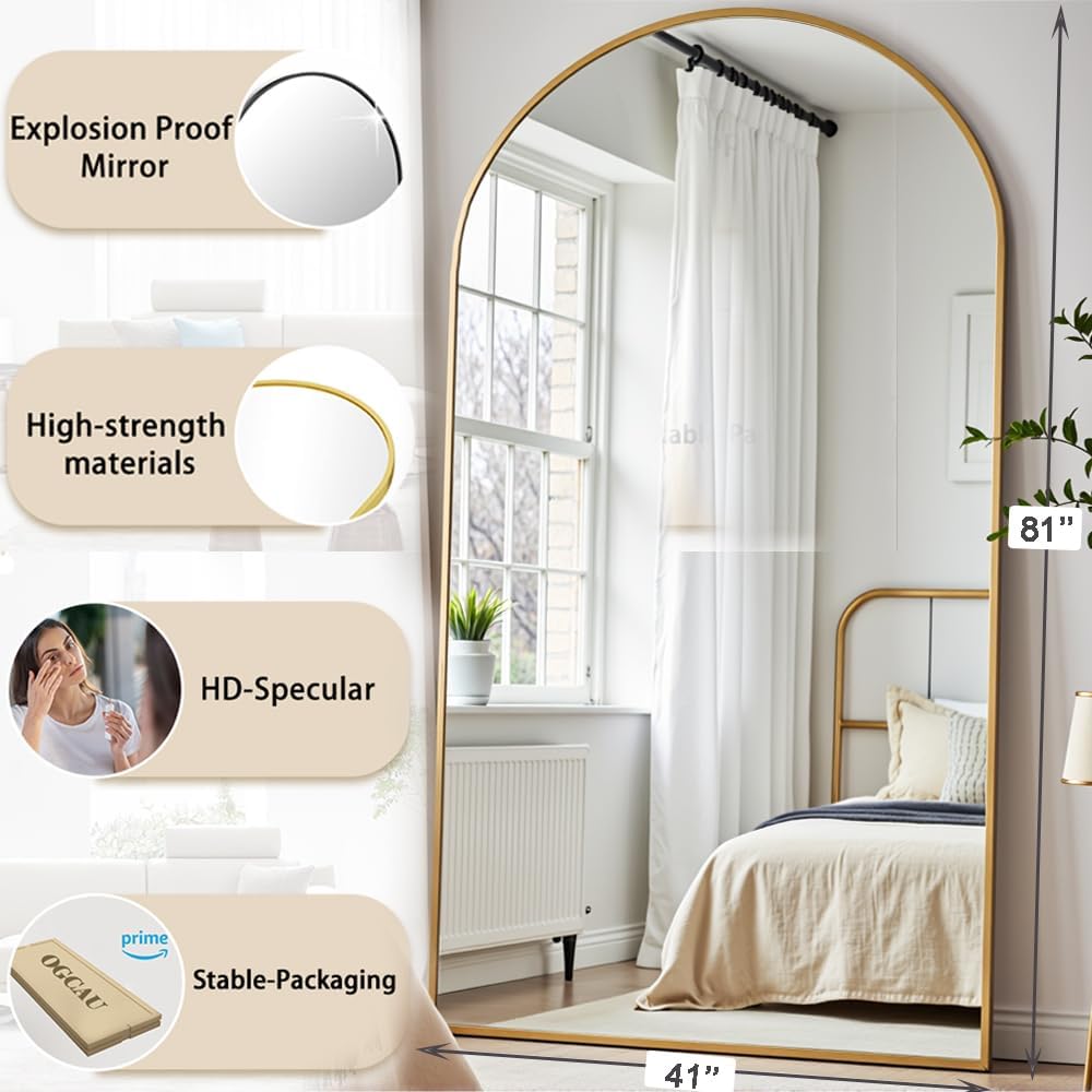 OGCAU Floor Full Length Mirror, 56"x20" Arched Full Body Mirror, Hanging or Leaning, Standing, Wall Mounted with Aluminum Frame for Bedroom Living Room, White