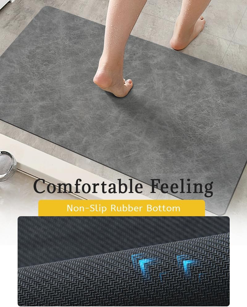Mecko Bath Mat Rug, Rubber Non-Slip Quick Dry Absorbent Thin Bathroom Rugs Fit Under Door Bathroom Floor Mats-Shower Rug for in Front of Bathtub, Sink, Shower Room(Light Grey,16"x24")