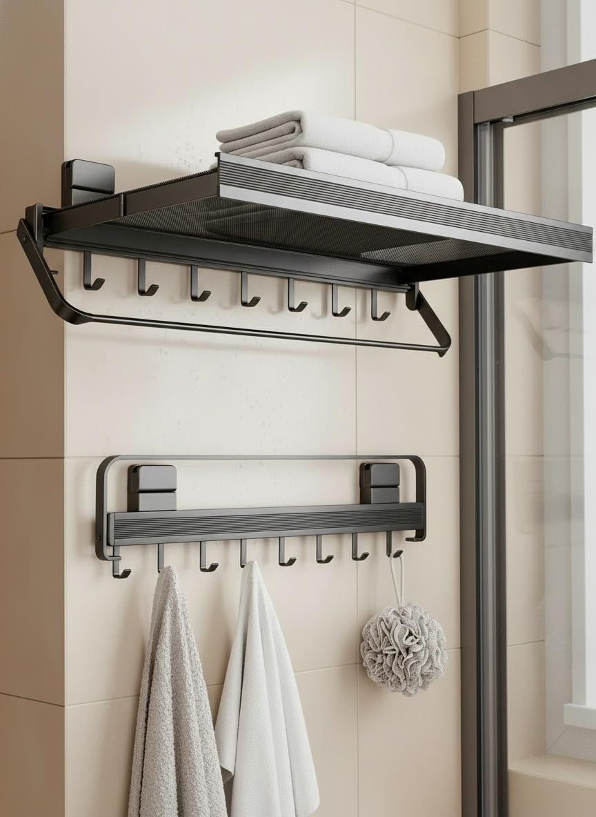 Indoor Clothes Drying Rack Foldable,Wall Mounted Retractable | with Foldable Towel Bar,6 Movable Hooks and Underwear Drying Net