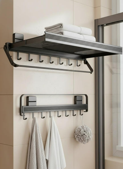 Indoor Clothes Drying Rack Foldable,Wall Mounted Retractable | with Foldable Towel Bar,6 Movable Hooks and Underwear Drying Net