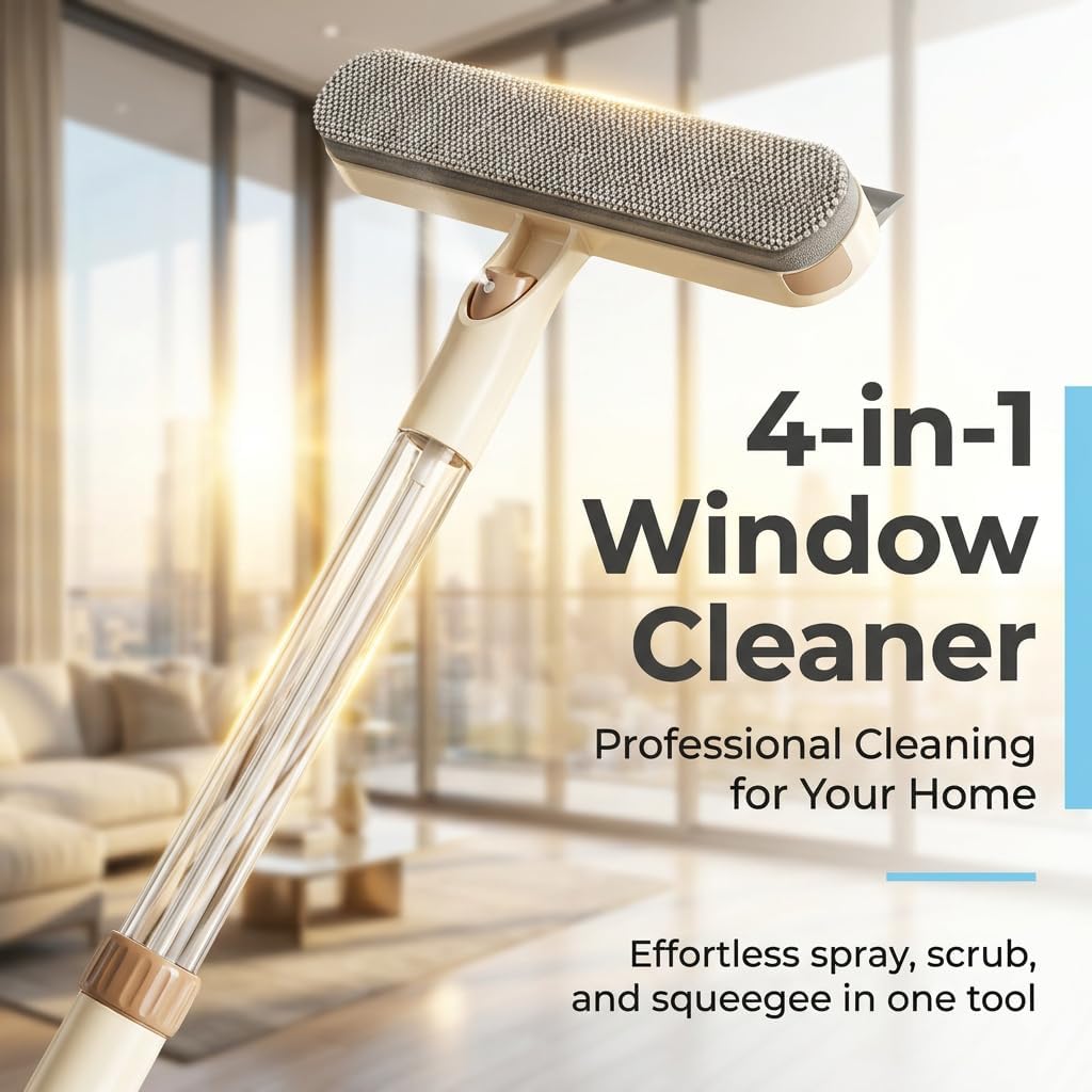 Double Sided Window Screen Cleaning Brush with Built in Crevice Brush Long Handle Detachable Squeegee Glass Scraper for Windows Screens (Khaki)