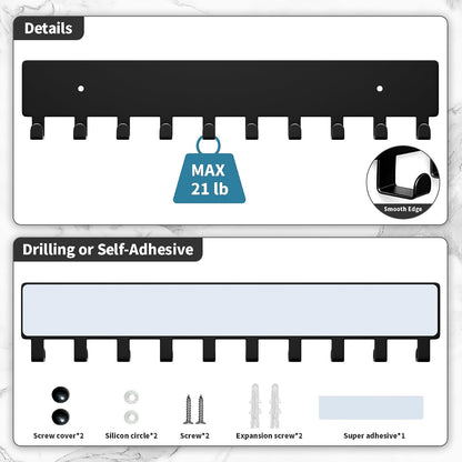 GTK Key Holder for Wall, Key Hooks with 10 Hooks, Wall Mounted Key Holder for Hallway, Self Adhesive Key Rack(White)