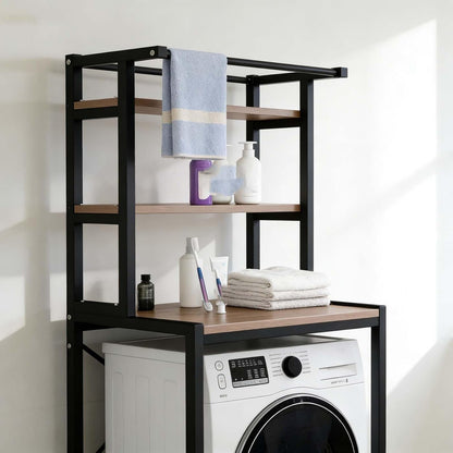 Over The Washer Storage Shelf, Space-Saving Laundry Organizer, Sturdy Metal Frame with Natural Wood Shelves, No Drilling, Ideal for Laundry Room, Balcony, Bathroom(White,Two Layers)