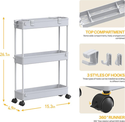 SPACELEAD Slim Storage Cart 3 Tier,Bathroom Organizer Rolling Utility,Mobile Shelving Unit Slide Out for Office, Kitchen, Laundry Room & Narrow Places，Green
