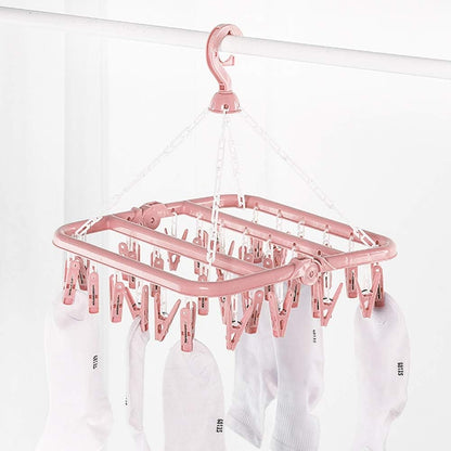Clothes Drying Hanger with 32 Clips and Drip Foldable Hanging Rack (Light Green)