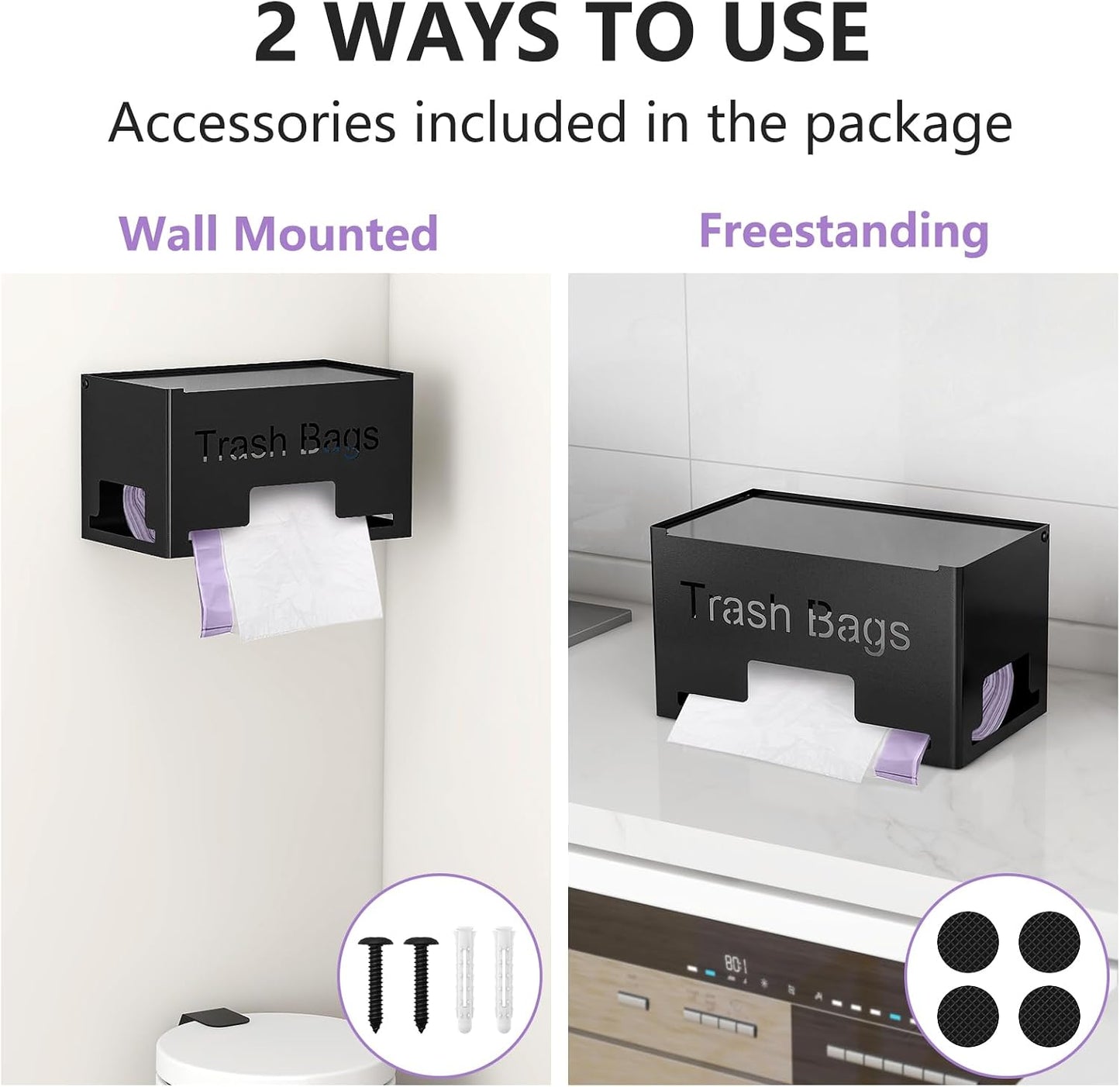 STWWO Large Trash Bag Holder Dispenser, Metal Garbage Bag Dispenser Roll Holder, Kitchen Trash Storage Organizer for Under Sink, Wall Mounted or Freestanding, Black
