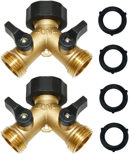 HQMPC Garden Hose Y Valve Splitter Brass Hose Splitter With Stainless Steel Long Handle Brass Garden Hose Adapter 2 Way Y Valve 3/4" GHT Thread 2pcs