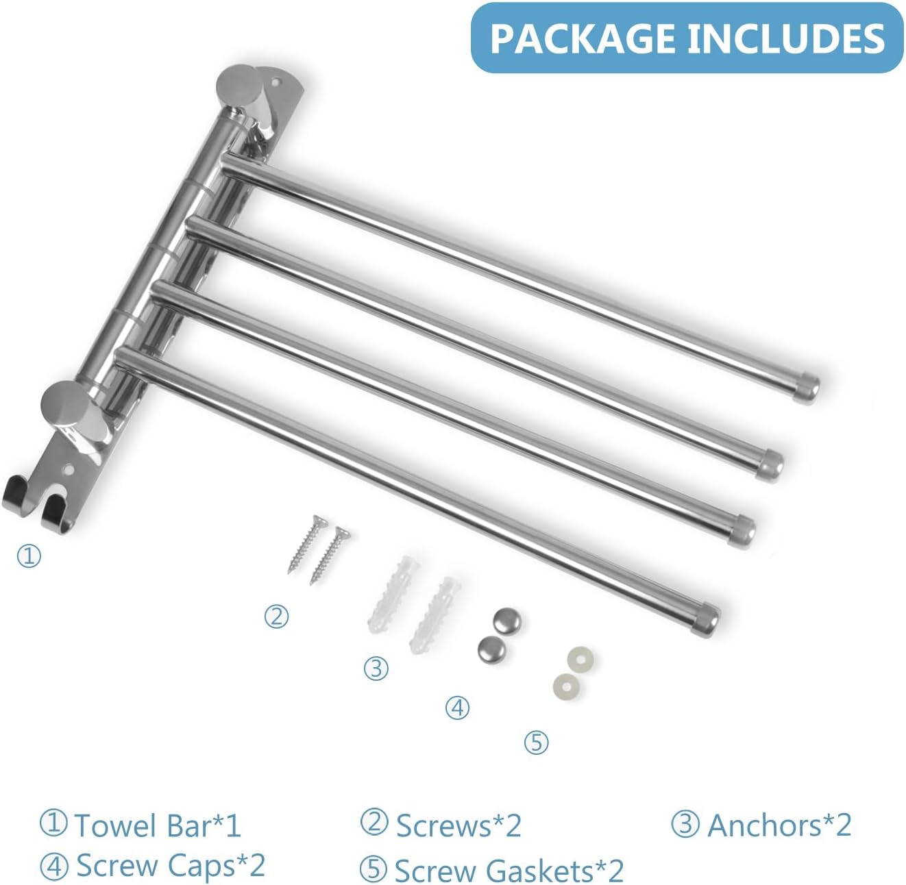 Towel Rack Wall Mounted JSVER Bathroom Towel Rack, Space Saving Towel Holder, 13.4 Inches Swivel SUS304 Stainless Steel Towel Bar, 180° Rotation 6 Arms Towel Racks for Bathroom