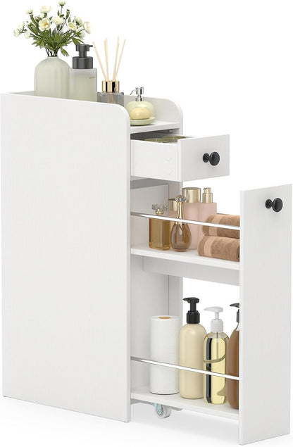 Tangkula Slim Bathroom Storage Cabinet, 4-Tier Narrow Small Side Storage Cabinet Next to Toilet, Slide Out Drawers on Casters, Bathroom Floor Organizer Toilet Paper Holder for Small Spaces (White)