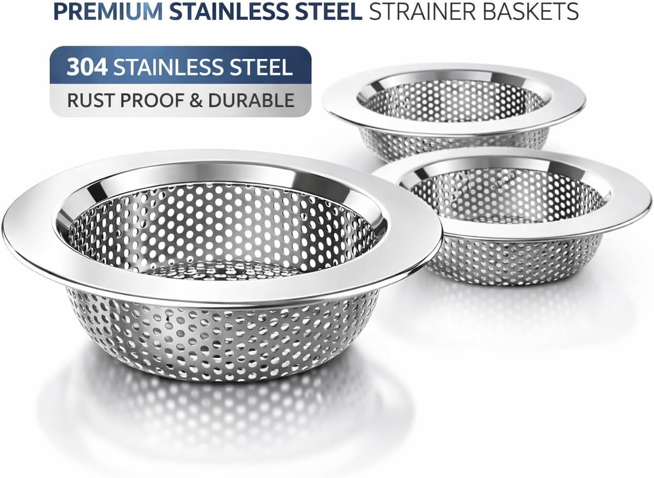 Sink Strainer Basket (3 Pack) – 304 Stainless Steel Kitchen Drain Strainer, Anti-Clog Sink Drain Catcher, Rustproof, Fits 4.4” Standard Sink