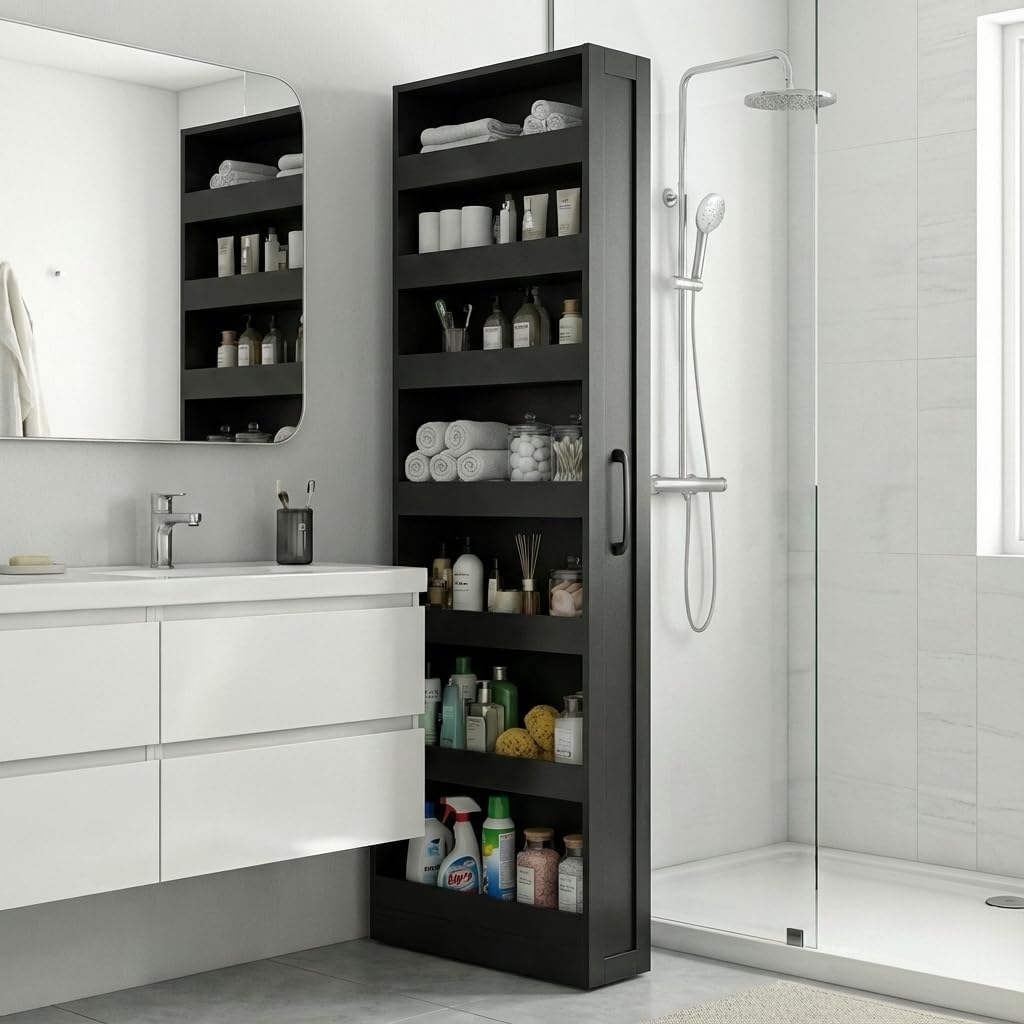 Slim Rolling Storage Cart, 6-Tier Pull-Out Spice Rack with Handle & Wheels, Narrow Kitchen Organizer for Next to Fridge, Pantry, Laundry Room,11.8 Inch Wide Space Saver（Black, With Side Panel)