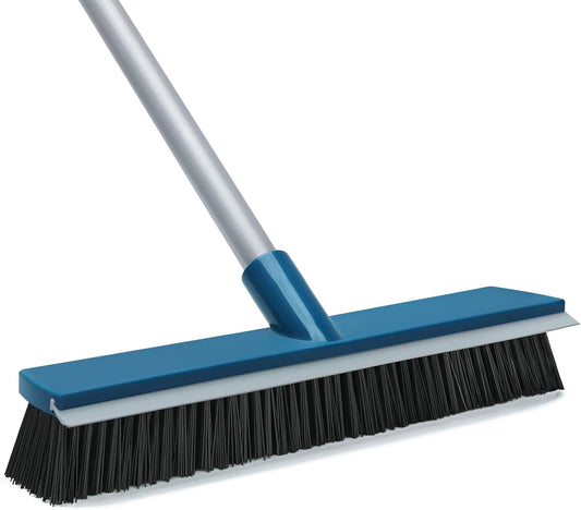 16-Inch Push Broom Outdoor with Rubber Squeegee and 58" Long Handle, 2 in 1 Commercial Broom Brush with Stiff Bristles for Deck Patio Garage Warehouse Driveway Concrete Floor Cleaning Scrubbing