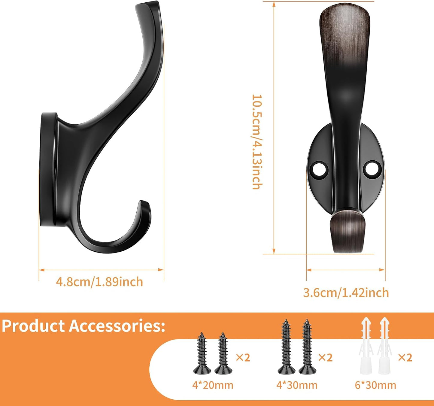 Heavy Duty Coat Hooks - 6 Pack Aluminum Alloy Wall Mounted Hooks for Hanging Jacket, Clothes, Bags, Hat | Durable Metal Utility Wall Hooks for Entryway, Closet, Mudroom, Bathroom, Garage