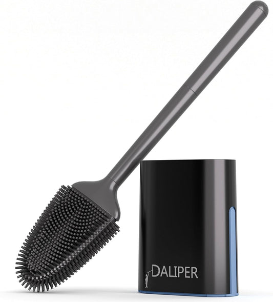 Toilet Brush and Holder Set, Black Silicone Toilet Bowl Brush with Flexible Head, Ventilated Base, Wall Mount, Compact Bathroom Scrubber for RV and Home