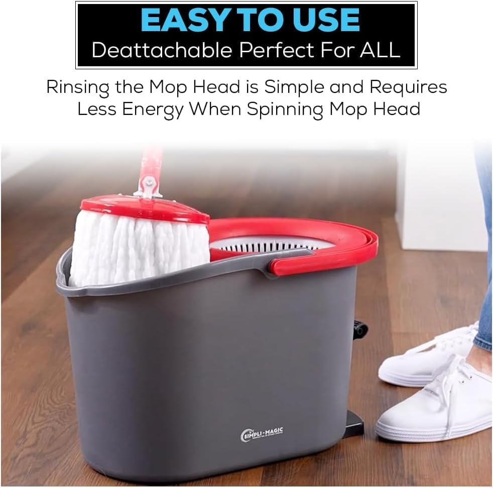 Simpli-Magic 79349 Spin Mop Cleaning System with 3 Microfiber Mop Heads, Red/Black