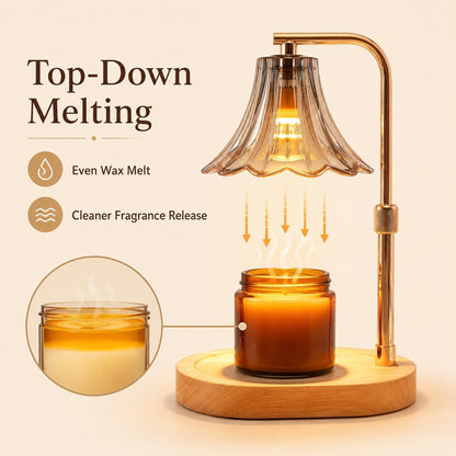 Candle Warmer Lamp with Timer, Dimmer, Vintage Glass Shade | Adjustable height, 2/4/8-hour timer, wood base, 2 bulbs included