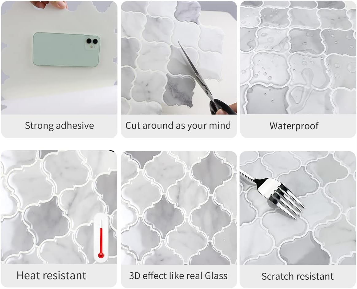 Arabesque Peel and Stick Backsplash for Kitchen, Thicker Design 3D Self Adhesive Wall Tiles, 12"x12" Peel and Stick Wall Tiles, Dark Grey 10-Sheet Stick on Tiles for Kitchen and Bathroom.