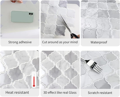 Arabesque Peel and Stick Backsplash for Kitchen, Thicker Design 3D Self Adhesive Wall Tiles, 12"x12" Peel and Stick Wall Tiles, Dark Grey 10-Sheet Stick on Tiles for Kitchen and Bathroom.