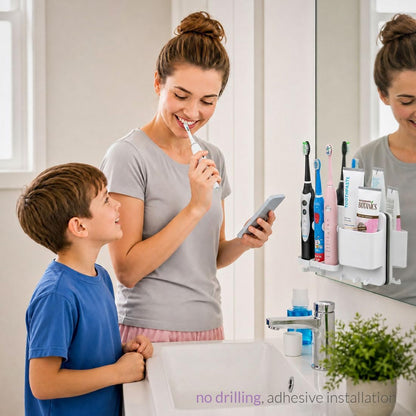 simpletome Adhesive Electric Toothbrush Holder Wall Mounted (White) | no drilling required | adhesive installation | 2pcs self-adhesive tape included | abs plastic | with 6hooks | razor hanger